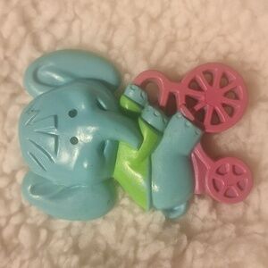 1975 Avon Pedal Pushers Elephant Brooch Plastic Blue Pink Green Bicycle Pin 70s